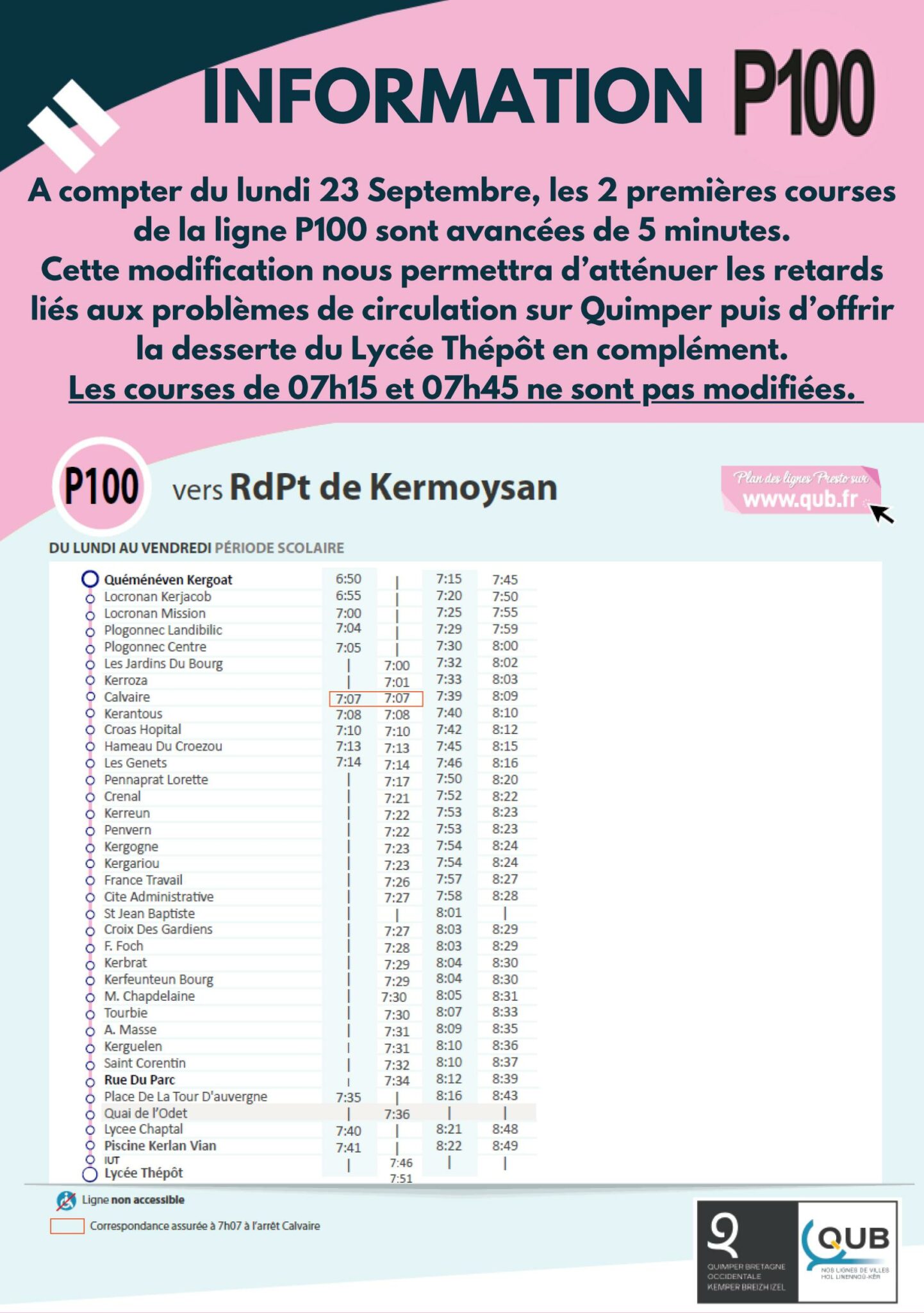 Bus P100 modification d’horaires Quéménéven Kemeneven