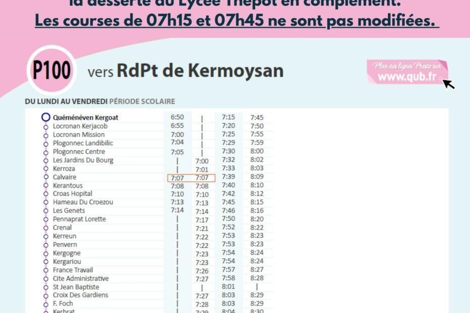 Horaires bus P100 à partir du 23 septembre 2024