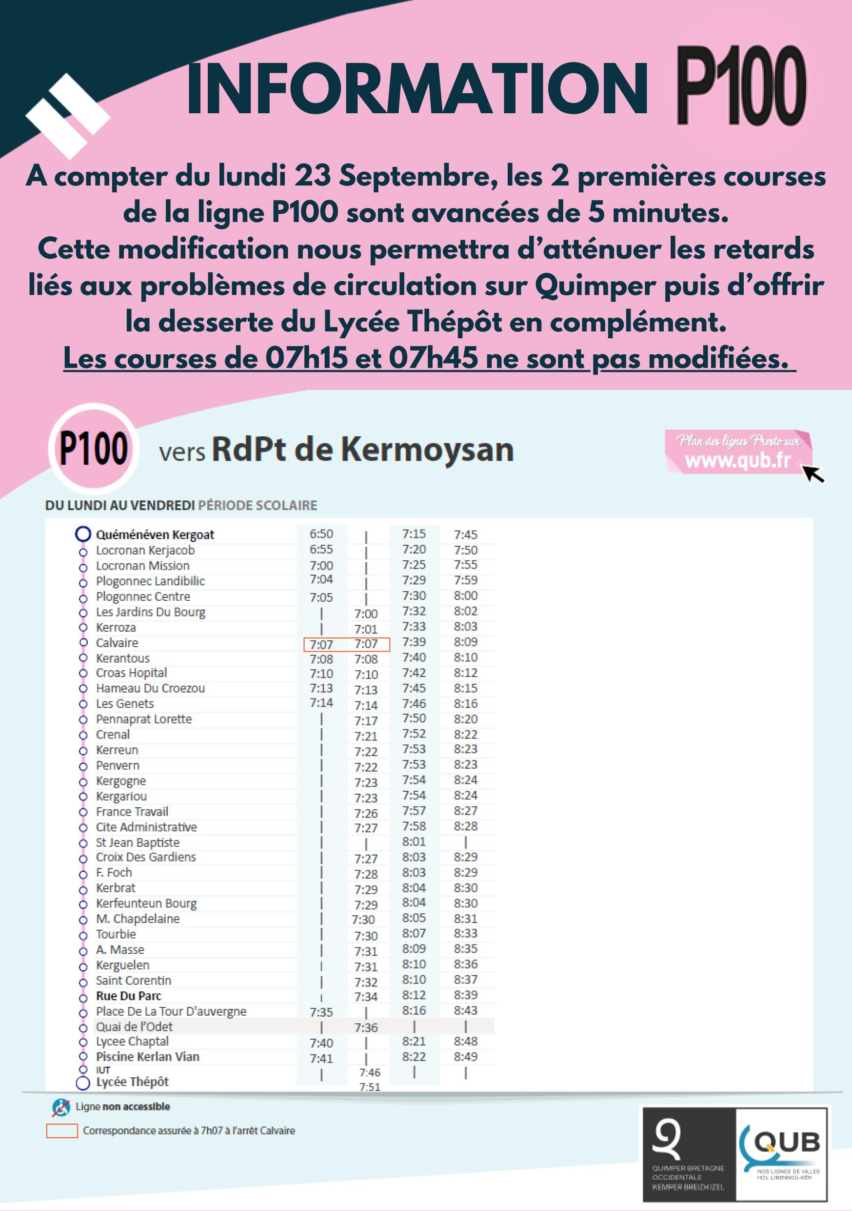 Horaires bus P100 à partir du 23 septembre 2024