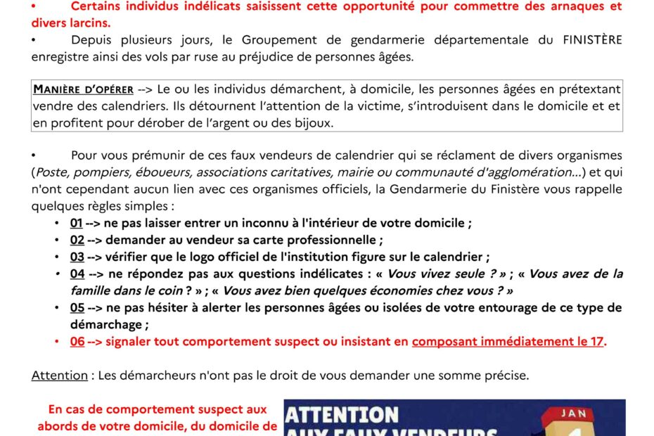 Alerte Gendarmerie faux vendeurs de calendriers et vols