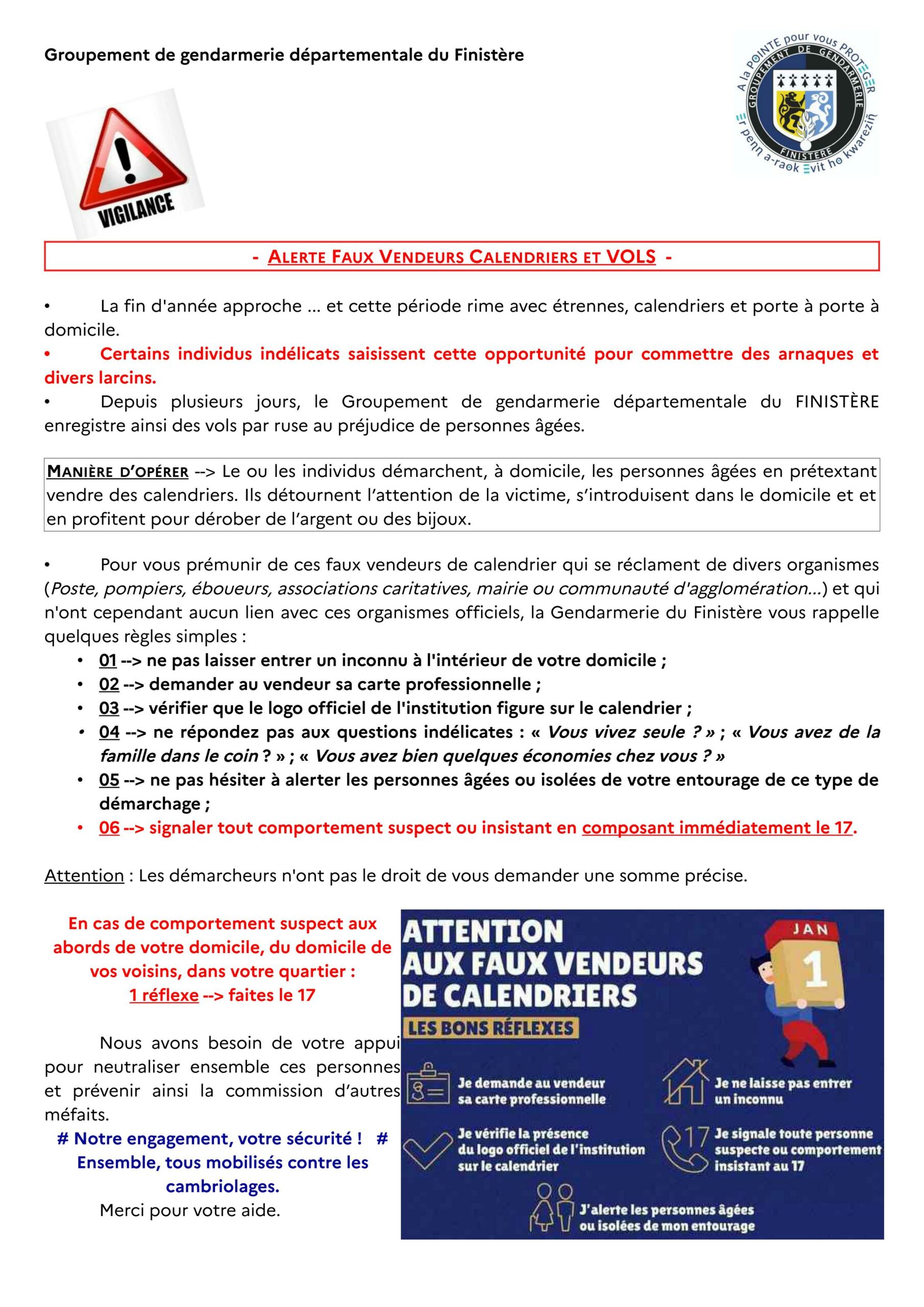 Alerte Gendarmerie faux vendeurs de calendriers et vols