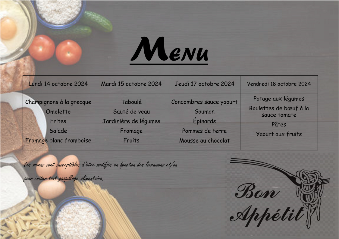 Menus du restaurant scolaire ( du 14 au 18 octobre 2024)