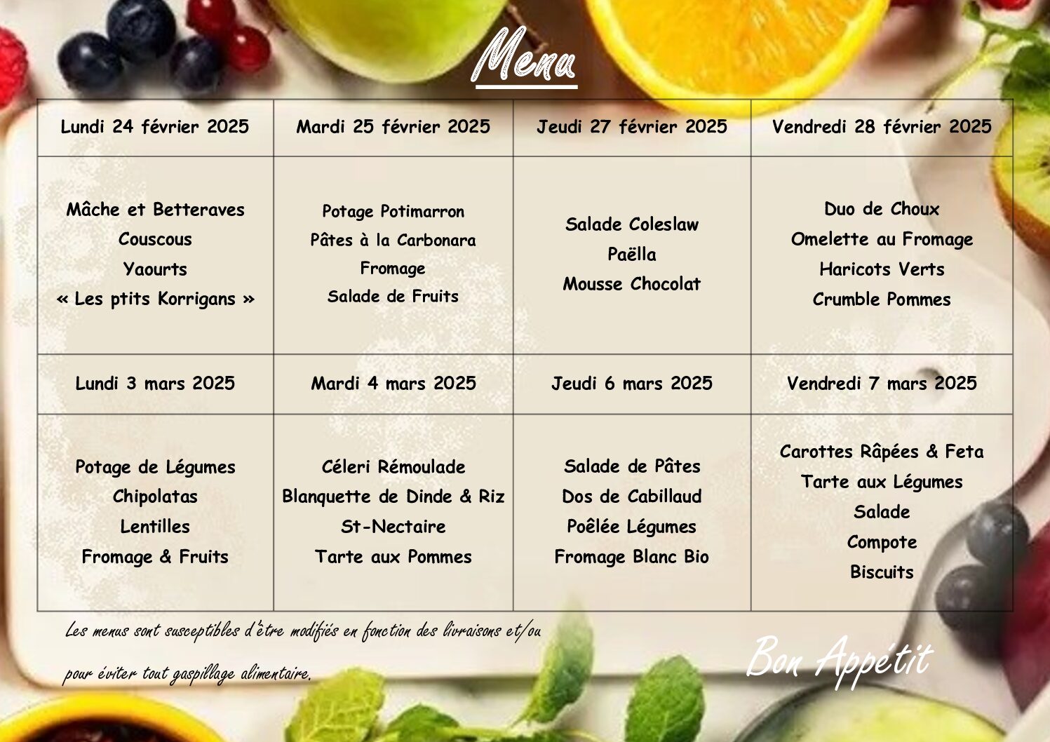 Menus du restaurant scolaire (du 24/02 au 07/03)