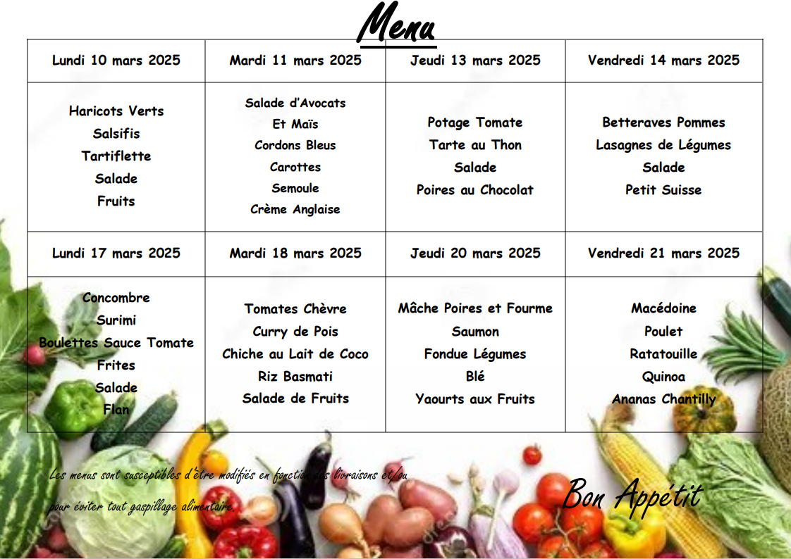 Menus du restaurant scolaire (du 10 au 21 Mars)