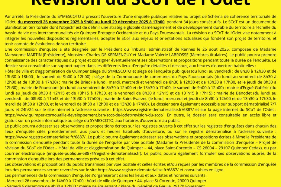 Avis d'enquête publique du 26/11 au 29/12/2025 révision du SCO de l'Odet